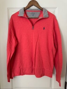 Polo by Ralph Lauren Men's Coral Zip-Neck Sweater with Heather Gray Collar
